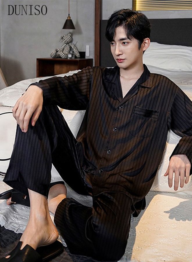 2-piece Men' s Pajama Sets Silk Satin Sleepwear Fashion Loungewear Nightwear Long Sleeve Notch Neck Shirt with Button Down and Waist Elastic Pants Pajama Set for Men