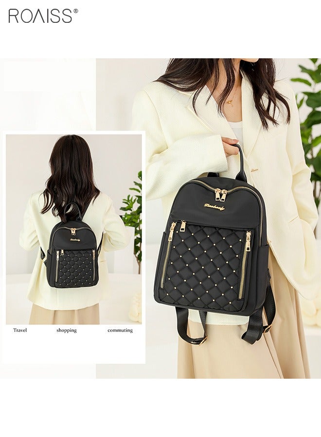 Women's Waterproof Oxford Cloth Backpack Stitch Grid Rivet Decoration Adjustable Shoulder Strap High Capacity Backpack