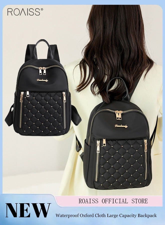 Women's Waterproof Oxford Cloth Backpack Stitch Grid Rivet Decoration Adjustable Shoulder Strap High Capacity Backpack