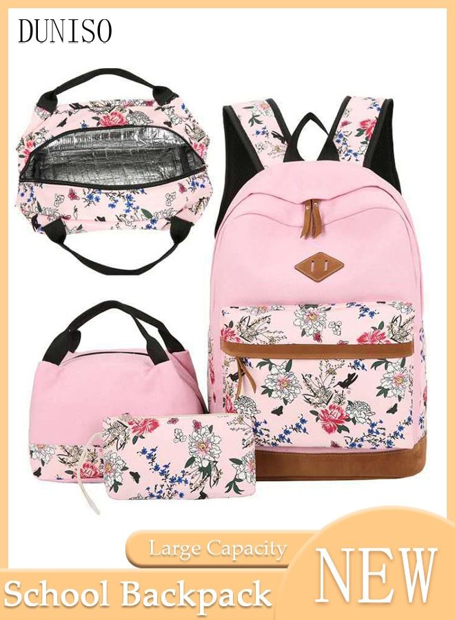3-Piece School Backpacks for Teen Girls 3 In 1 School Bookbags Set Lunch Bag Pencil Case Travel Lightweight Daypack Multicolor Kids' School Bag