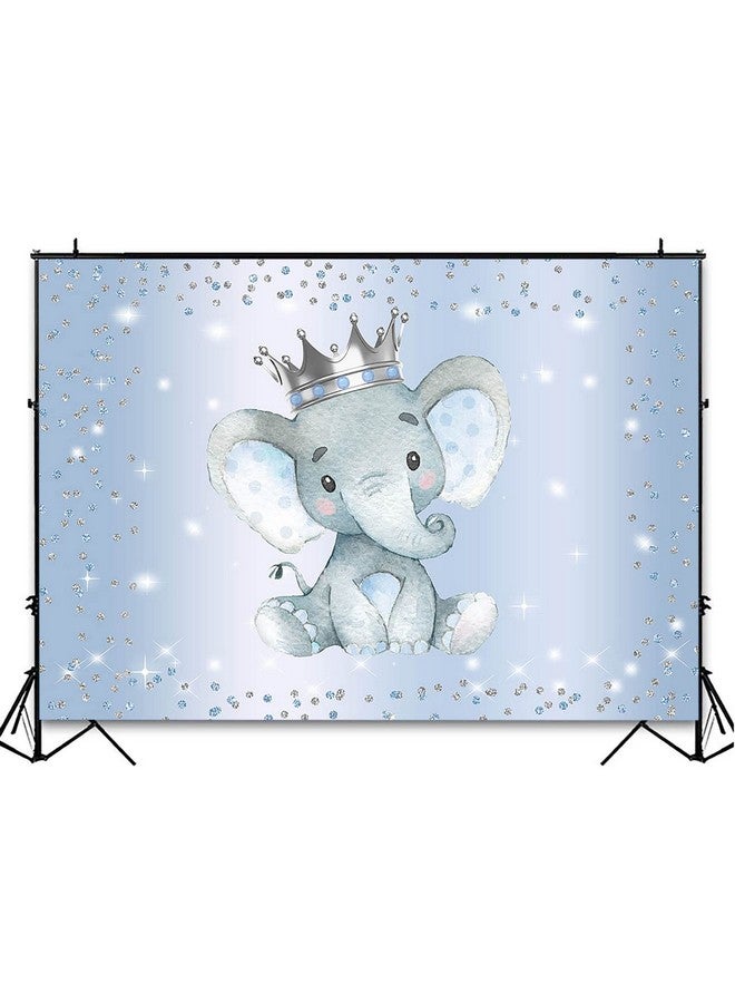 Boy Elephant Backdrop For Baby Shower Party Photography Background Blue And Silver Glitter Dots Crown Prince Elephant Baby Shower Decorations Backdrops For Photoshoot (7X5Ft)
