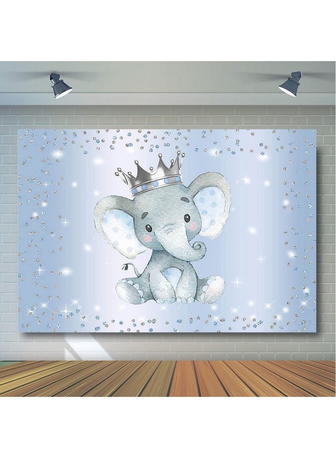 Boy Elephant Backdrop For Baby Shower Party Photography Background Blue And Silver Glitter Dots Crown Prince Elephant Baby Shower Decorations Backdrops For Photoshoot (7X5Ft)