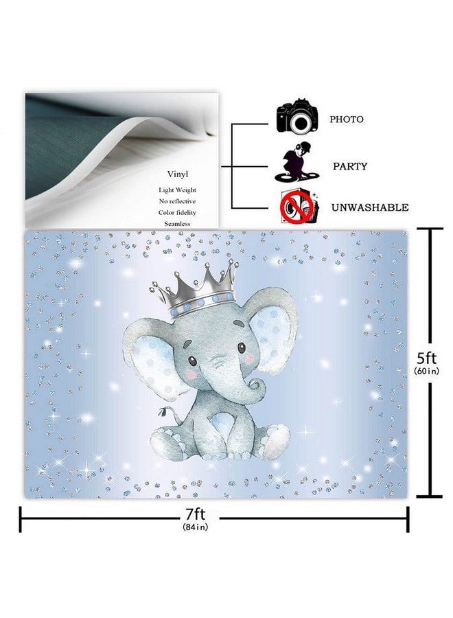 Boy Elephant Backdrop For Baby Shower Party Photography Background Blue And Silver Glitter Dots Crown Prince Elephant Baby Shower Decorations Backdrops For Photoshoot (7X5Ft)
