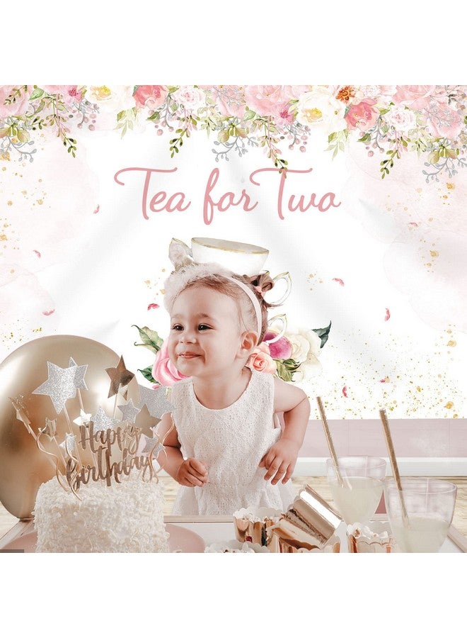 Tea For Two Backdrop 2Nd Birthday For Baby Girls Photography Background Pink Blush Gold Dots Floral Tea Party Picture Afternoon Banner Party Decor Kids Birthday Supplies Photo Booth 7X5Ft