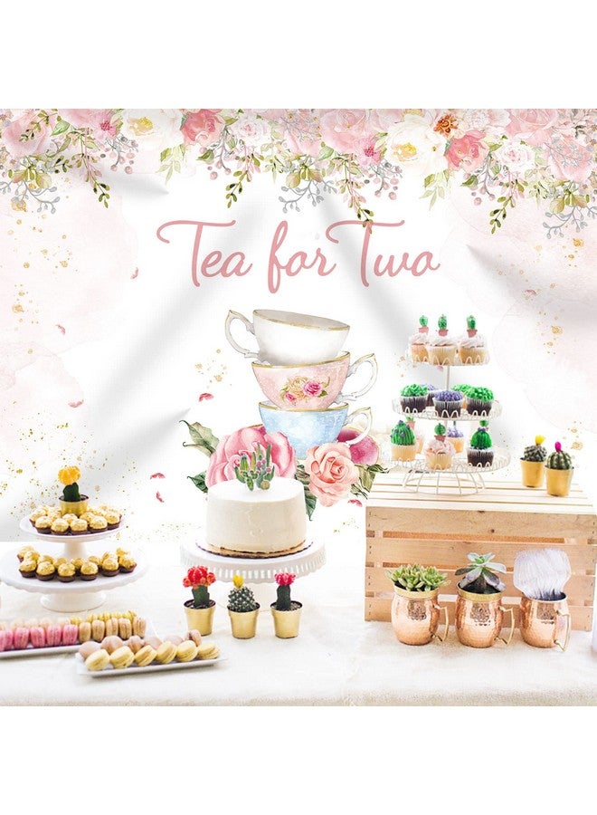 Tea For Two Backdrop 2Nd Birthday For Baby Girls Photography Background Pink Blush Gold Dots Floral Tea Party Picture Afternoon Banner Party Decor Kids Birthday Supplies Photo Booth 7X5Ft