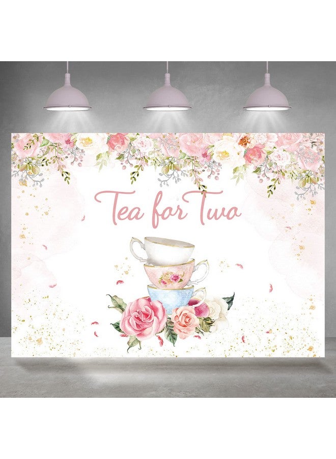 Tea For Two Backdrop 2Nd Birthday For Baby Girls Photography Background Pink Blush Gold Dots Floral Tea Party Picture Afternoon Banner Party Decor Kids Birthday Supplies Photo Booth 7X5Ft