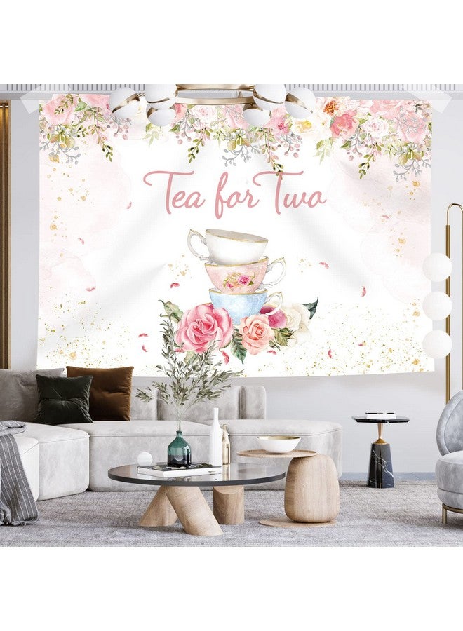 Tea For Two Backdrop 2Nd Birthday For Baby Girls Photography Background Pink Blush Gold Dots Floral Tea Party Picture Afternoon Banner Party Decor Kids Birthday Supplies Photo Booth 7X5Ft