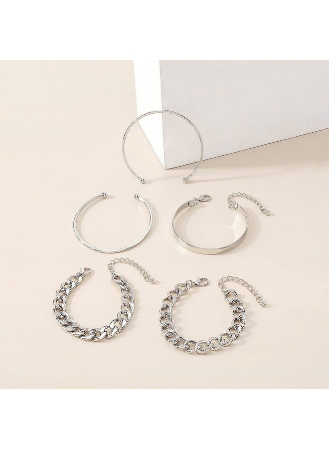 Silver Chain Bracelets Set Curb Link Chain Bracelets Dainty Cuff Bangle Bracelets For Women Open Wrist Cuffs Stackable Bracelets For Girls