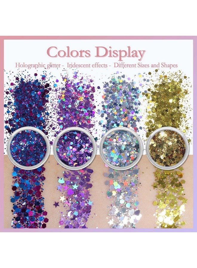 Holographic Chunky Body Glitter 4 Colors Cosmetic Face Glitter Face Paint Sparkle Eye Flakes Festival Hair Sequins Mermaid Rave Accessories With Body Glue For Women Makeup Nails Diy Crafts