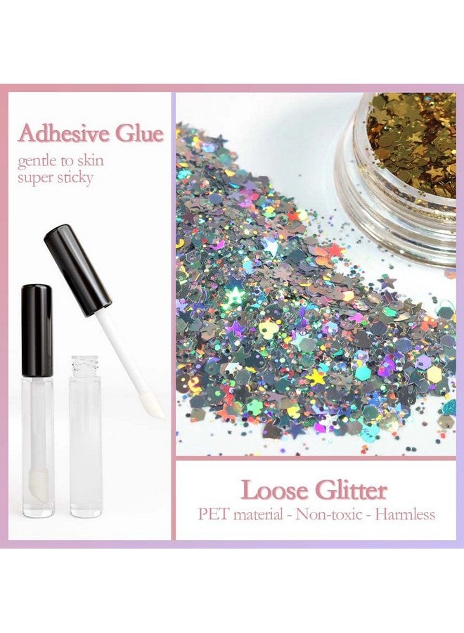 Holographic Chunky Body Glitter 4 Colors Cosmetic Face Glitter Face Paint Sparkle Eye Flakes Festival Hair Sequins Mermaid Rave Accessories With Body Glue For Women Makeup Nails Diy Crafts