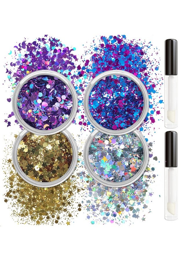 Holographic Chunky Body Glitter 4 Colors Cosmetic Face Glitter Face Paint Sparkle Eye Flakes Festival Hair Sequins Mermaid Rave Accessories With Body Glue For Women Makeup Nails Diy Crafts