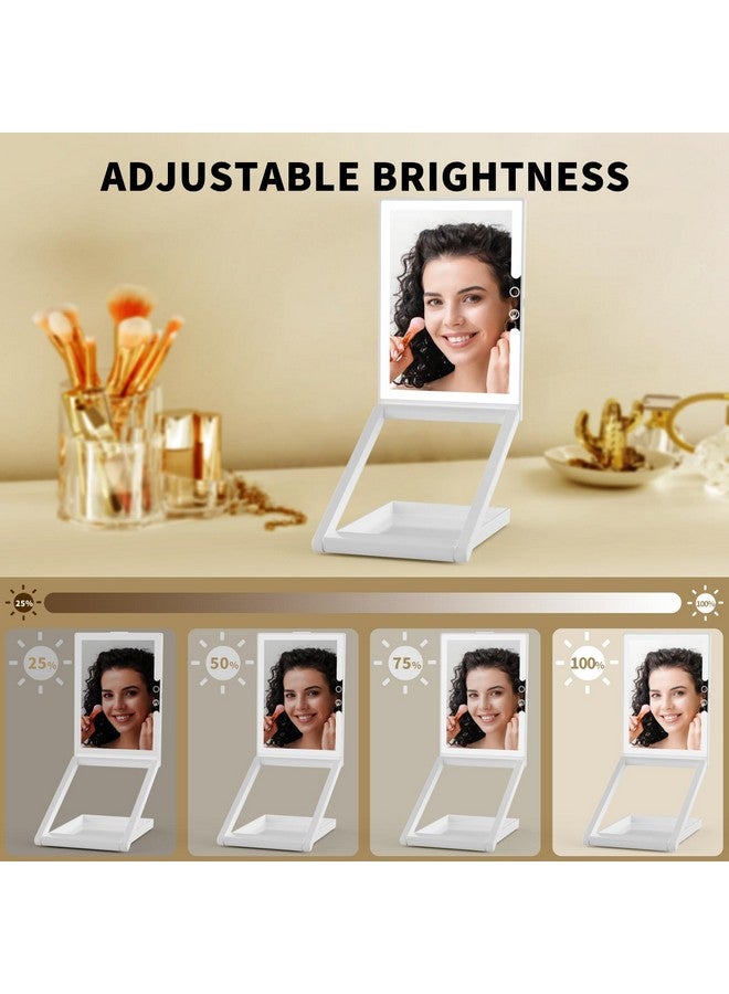 Makeup Mirror With Lights Portable Travel Vanity Mirror With 10X Magnifying Mirror 3 Color Lighting Rechargeable Lighted Compact Folding Mirror Base Storage Dimmable Touch Screen Adjustable Height