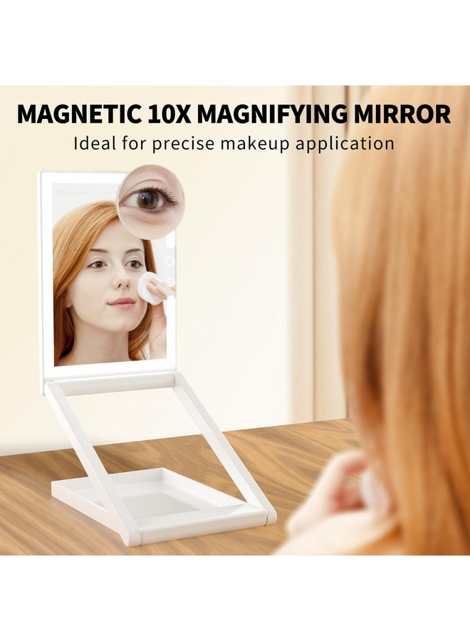 Makeup Mirror With Lights Portable Travel Vanity Mirror With 10X Magnifying Mirror 3 Color Lighting Rechargeable Lighted Compact Folding Mirror Base Storage Dimmable Touch Screen Adjustable Height