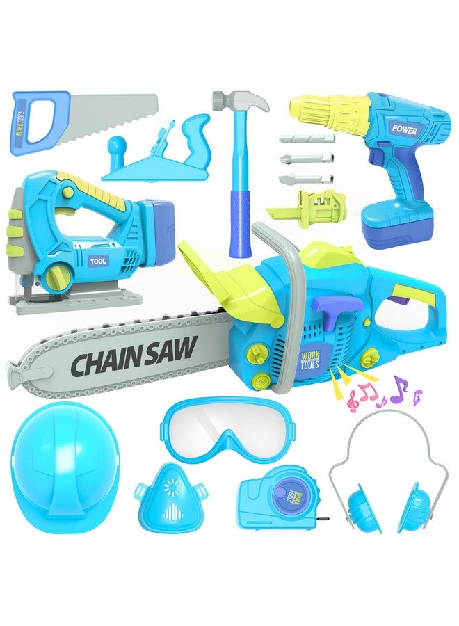 Kids Tool Set With Electric Toy Drill Chainsaw Jigsaw Toy Tools Realistic Kids Power Construction Pretend Play Tools Set Toddler Toys Playset Kit For Toddler Boy Girl Kid Child Tool Toy Blue