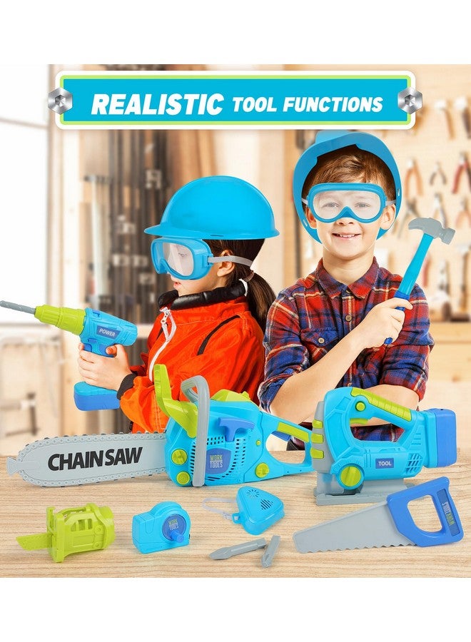 Kids Tool Set With Electric Toy Drill Chainsaw Jigsaw Toy Tools Realistic Kids Power Construction Pretend Play Tools Set Toddler Toys Playset Kit For Toddler Boy Girl Kid Child Tool Toy Blue