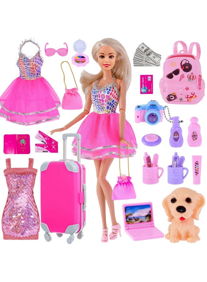 Fashion Total 35Pc Doll Clothes Dress Accessories Travel Luggage Suitcase Set With Puppy For 11.5 Inch Girl Dolls (No Doll)
