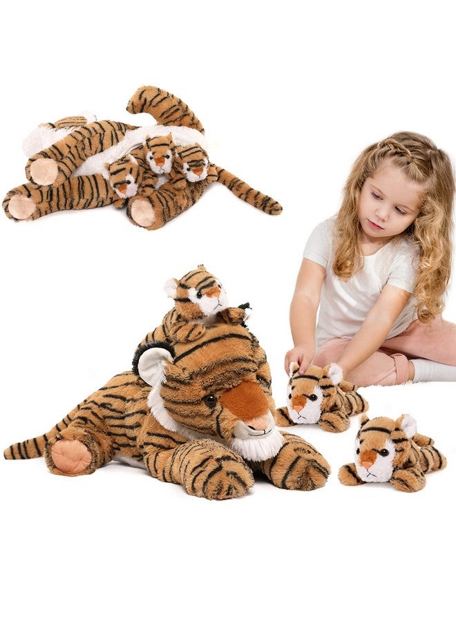 Tiger Stuffed Animals Stuffed Mommy Tiger With 3 Cubs 4Pcs Large Tiger Plush Set For Boys Girls Birthday Gift 20 Inches