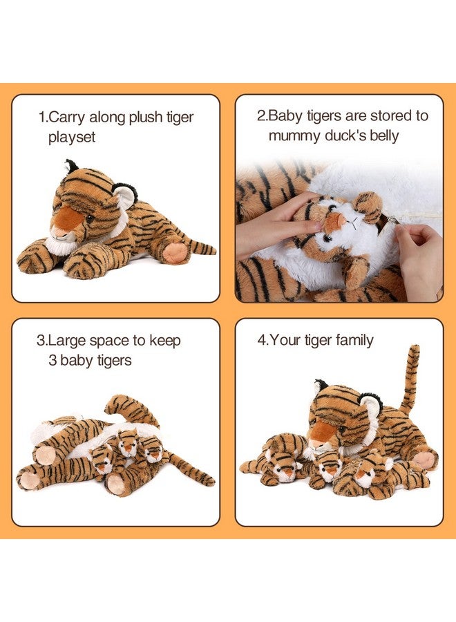 Tiger Stuffed Animals Stuffed Mommy Tiger With 3 Cubs 4Pcs Large Tiger Plush Set For Boys Girls Birthday Gift 20 Inches