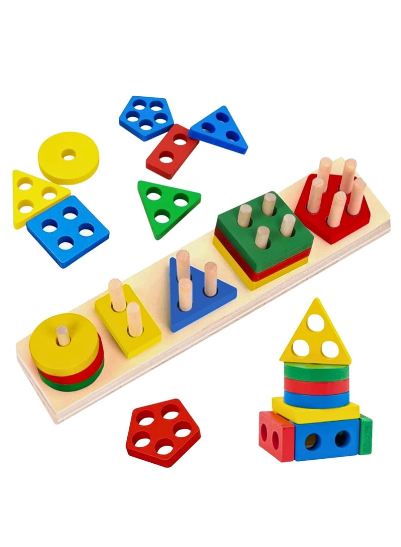 4 IN 1 WOODEN Early Education Baby Toys, (Sorting & Stacking Toys + Piano Xylophone + Bead Maze Roller Coaster + Color Balls Sorting) Toddlers Montessori Wooden Toys for Boys Girls