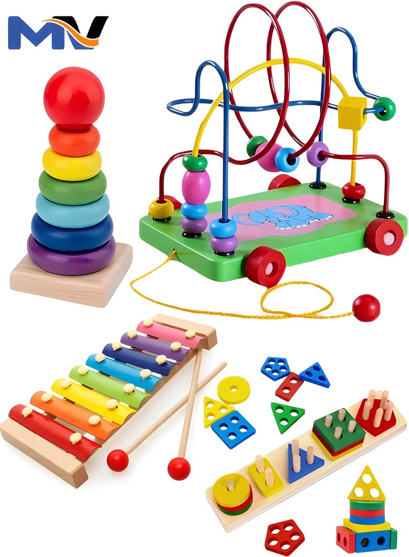 4 IN 1 WOODEN Early Education Baby Toys, (Sorting & Stacking Toys + Piano Xylophone + Bead Maze Roller Coaster + Color Balls Sorting) Toddlers Montessori Wooden Toys for Boys Girls