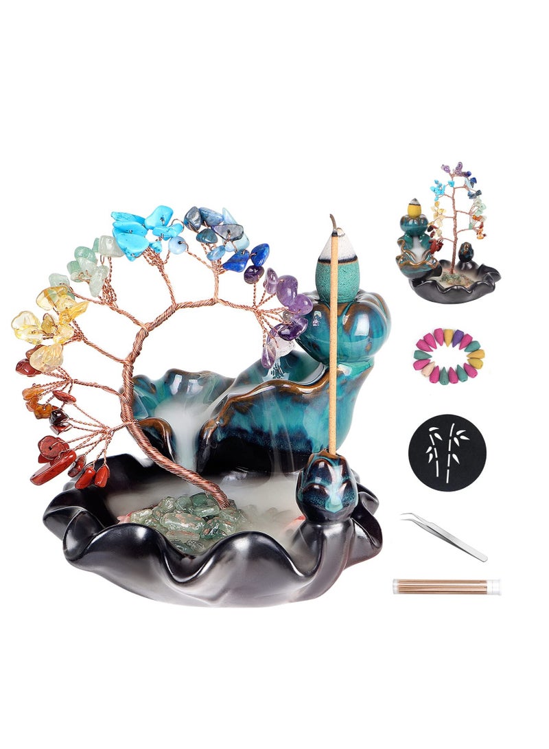 Ceramic Incense Waterfall Backflow Incense Holder, 7 Chakras Crystal Tree Incense Holder, Namaste Yoga Meditation and Home Decor with 20 Backflow Incense Cones & 50 Incense Sticks
