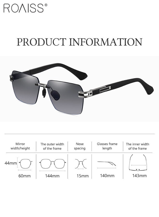 Men's Square Rimless Sunglasses, UV400 Protection Sun Glasses, Fashion Anti-Glare Sun Shades for Men Driving, Fishing, Traveling, Black Silver, 60mm