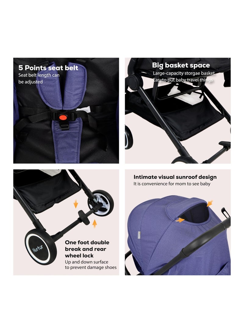 Baby Stroller 0 To 36 Months Storage Basket One -Hand Fold Design 5 Point Safety Harness Eva Wheels Black Light Blue