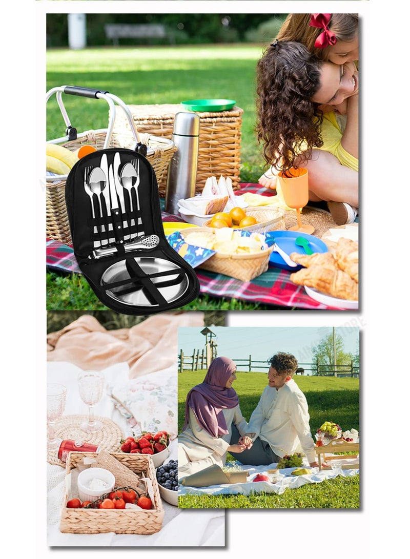 Outdoor Picnic Tableware, Camping Dinnerware Set with Spoon Fork Knife, 9 Piece Silverware Set With Organizer, Portable Stainless Steel Flatware Set