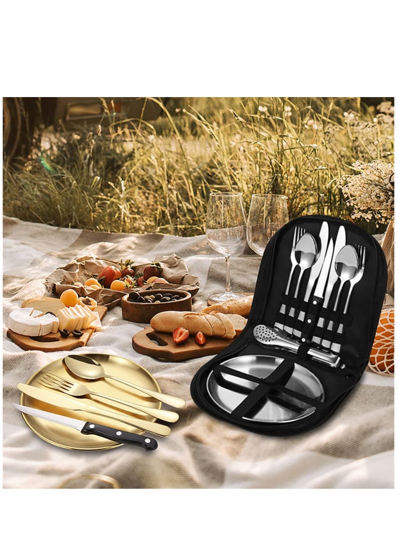Outdoor Picnic Tableware, Camping Dinnerware Set with Spoon Fork Knife, 9 Piece Silverware Set With Organizer, Portable Stainless Steel Flatware Set