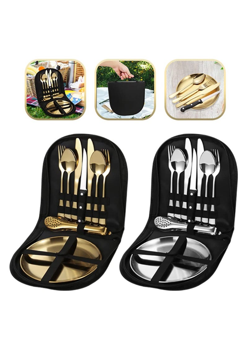 Outdoor Picnic Tableware, Camping Dinnerware Set with Spoon Fork Knife, 9 Piece Silverware Set With Organizer, Portable Stainless Steel Flatware Set