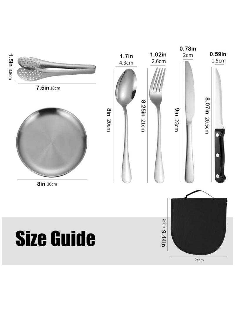 Outdoor Picnic Tableware, Camping Dinnerware Set with Spoon Fork Knife, 9 Piece Silverware Set With Organizer, Portable Stainless Steel Flatware Set