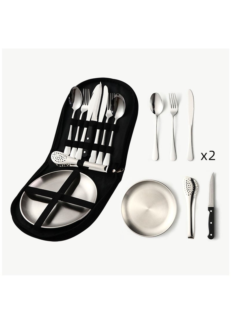 Outdoor Picnic Tableware, Camping Dinnerware Set with Spoon Fork Knife, 9 Piece Silverware Set With Organizer, Portable Stainless Steel Flatware Set