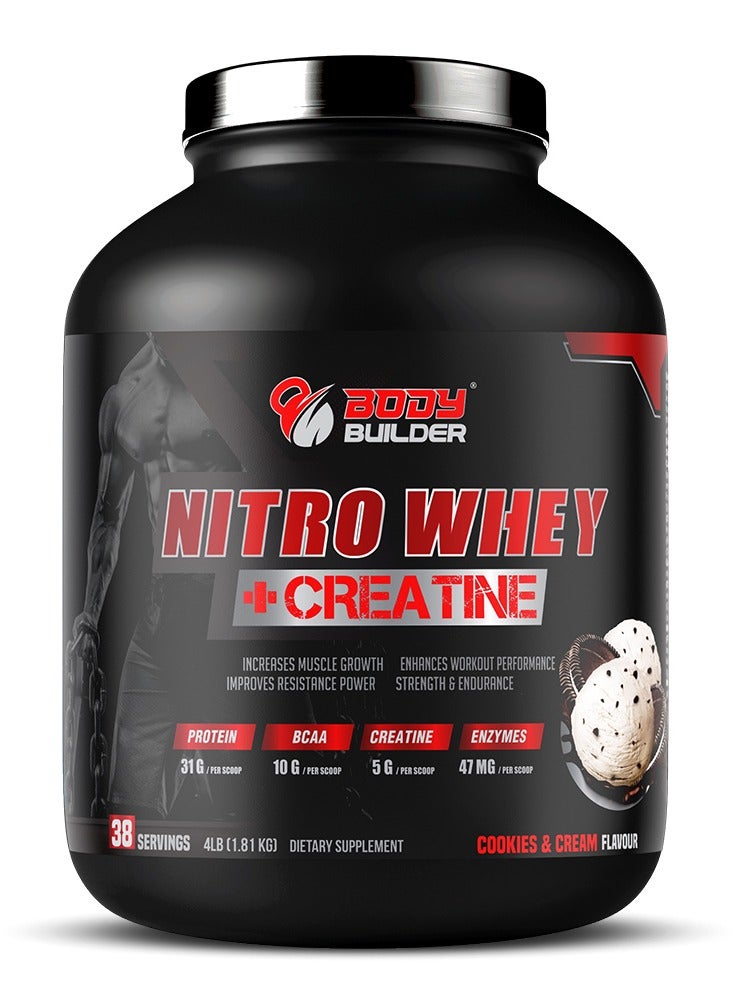 Body Builder Nitro Whey Protein Plus Creatine, Contains Digestive Enzymes, Cookies and Cream Flavor, 4 Lb