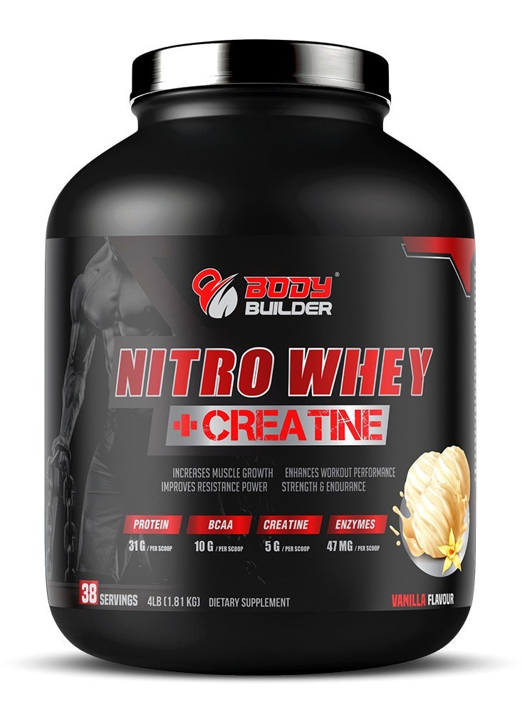 Body Builder Nitro Whey Protein Plus Creatine, Blend Whey Protein Concentrated and Isolated,Contains Digestive Enzymes, Vanilla Flavor, 4 Lbs