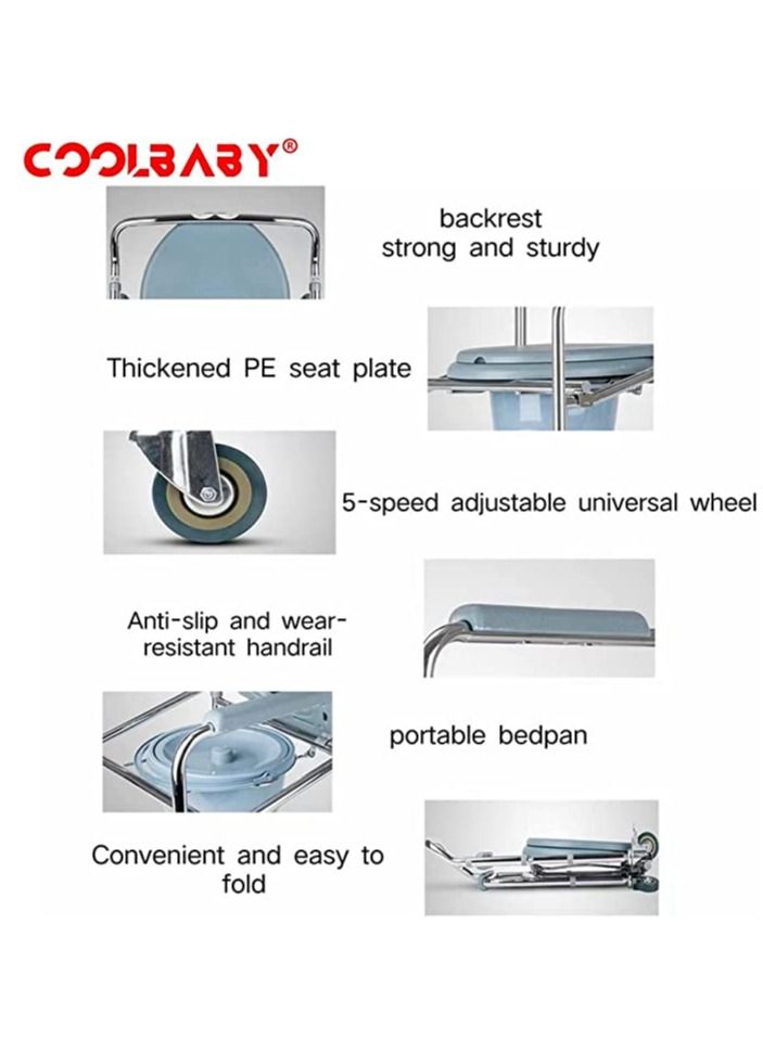 COOLBABY aluminum alloy toilet chair with pulley, multi-purpose toilet seat for the elderly, easy-to-remove mobile bath chair, 5-speed height adjustment