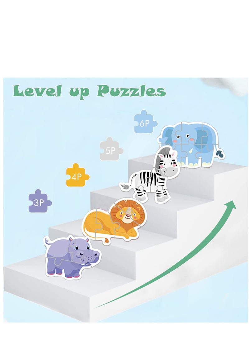 Toddler Puzzle Animal Shape Wooden Block Montessori Jigsaw Puzzle with Board Level-Up Puzzles for Beginner Preschool Learning Toys for Kids Educational Games Kindergarten Gifts for Boys Girls