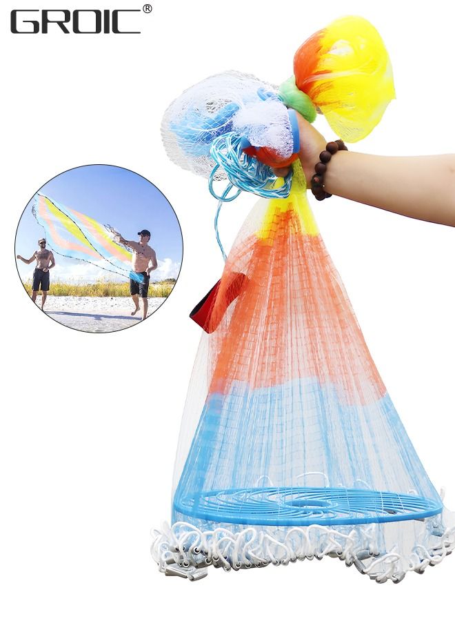 Casting Net with Fish Cage, Fishing Cast net with Ring, 5 ft Radius Tools Cast Nets for Fishing, High Strength Nylon Mesh Casting Throw Nets with Steel Sinker and Synthetic Resin Frisbee