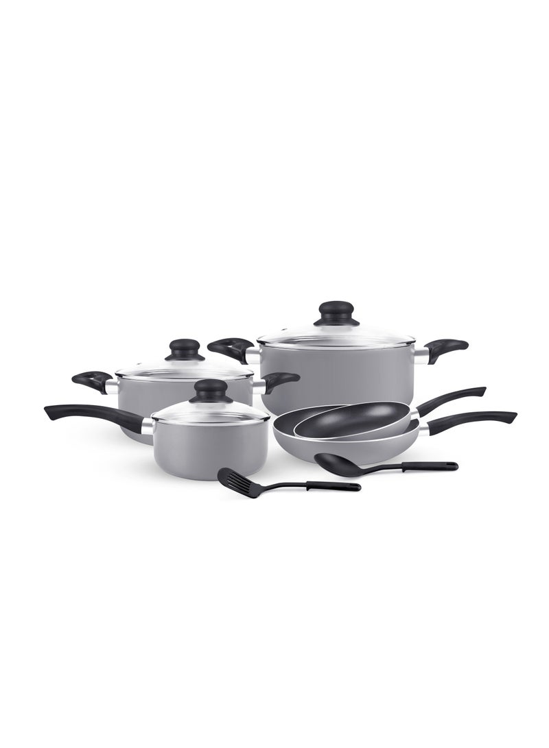 Royalford 10pcs Non Stick Cookware Set RF11972 Press Aluminum Body with 3 Layer Coating CD Base Bakelite Handles and Tempered Glass Lid Grey Large