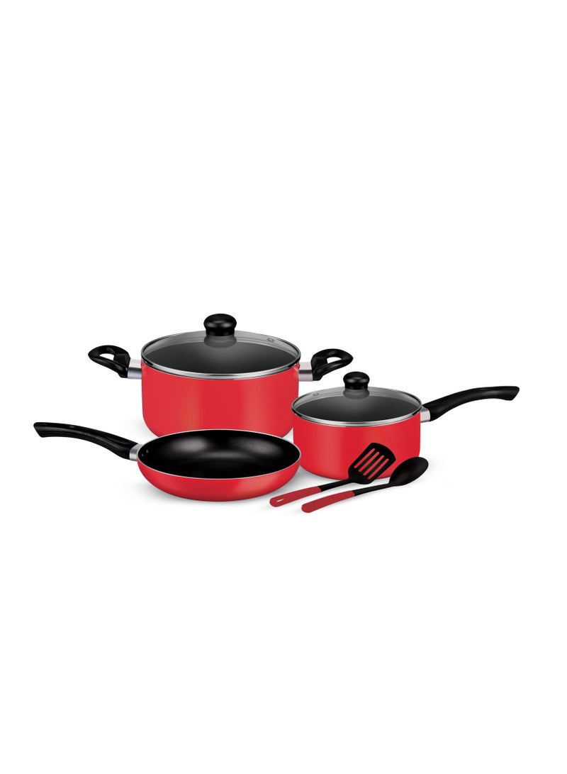 Royalford 7Pcs Non Stick Aluminum Cookware Set RF11952 Aluminum Body With 3 Layer Non Stick Coating CD Bottom Bakelite Handles with Tempered Glass Lid Red X Large