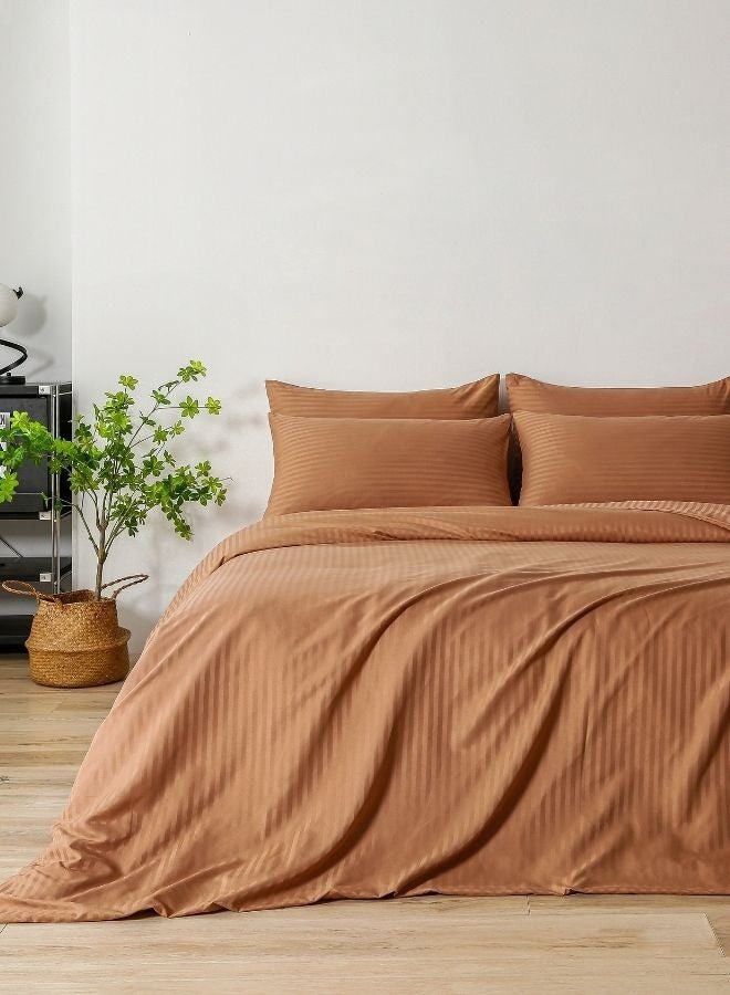 Premium King Size 6 Pieces Bedding Set without filler Solid Brown Tan Color, Satin Stripe Design.