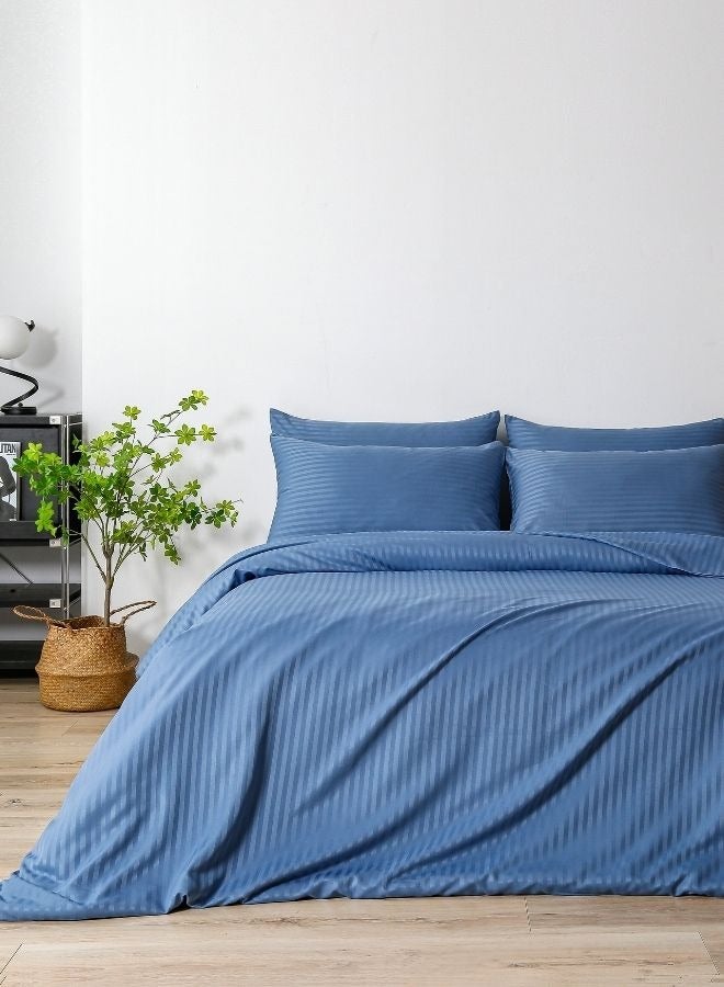 Premium King Size 6-Piece Bedding Set Without Filling Stone Blue  Satin Striped Design