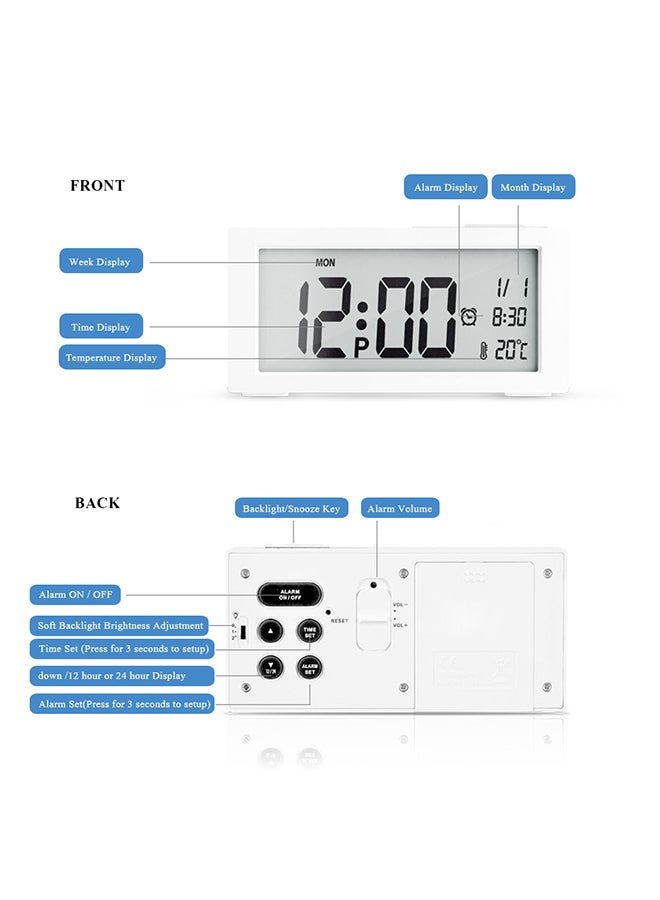 Portable Digital Alarm Clock White/Grey