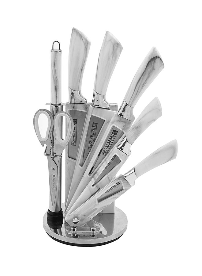 8-Piece Knife Set With Rotating Base Stand Silver/Clear