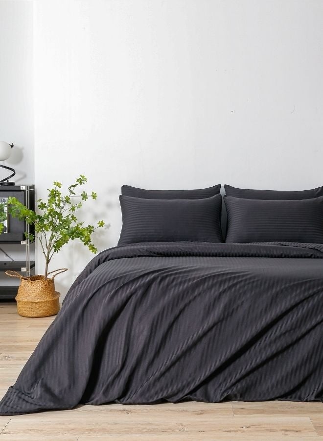 Premium King Size 6-Piece Bedding Set Without Filling Rich Black  Satin Striped Design