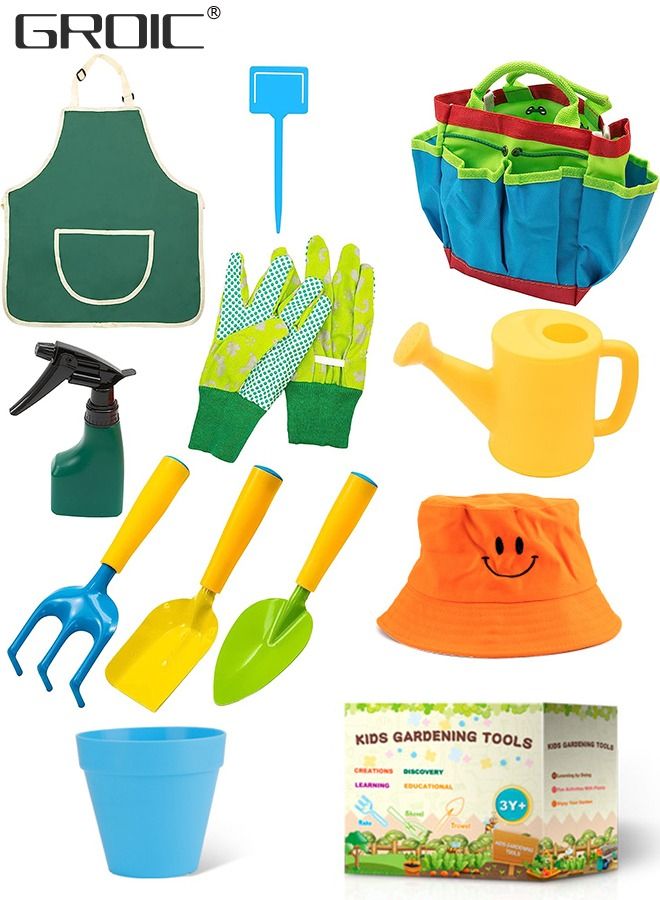 Kids Gardening Tool Set 10 PCS - Kids Gardening Tools Shovel Rake Fork Trowel Apron Gloves Watering Can and Tote Bag,Garden kit for Toddler,Outdoor Indoor Play Set