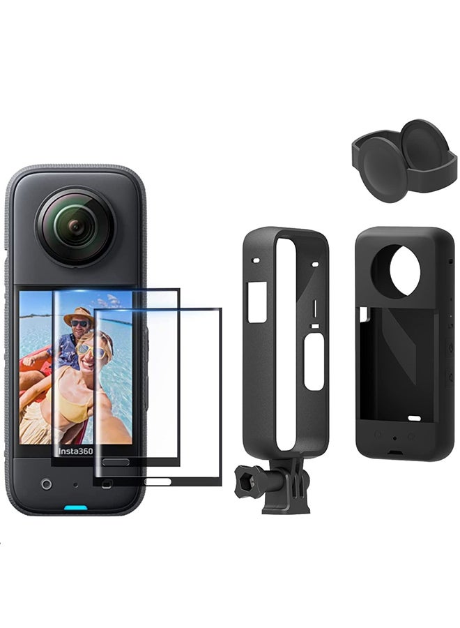 Action Camera Accessories Kit for Insta360 ONE X3 Silicone Protective Case & lens Caps + Housing Frame with 1/4