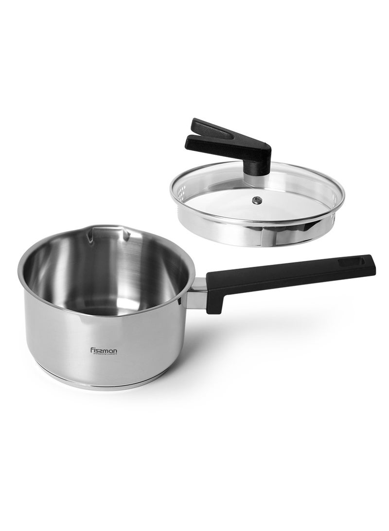 Saucepan with 18cm/2.4LTR, Eliz Series Stainless Steel with Induction Bottom,Drain Spout, Meauring Scale, Bakelite Handle And Heat Resistant Glass For All Types Stoves