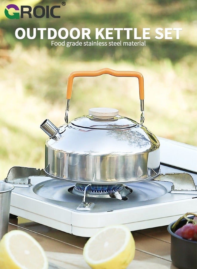 1L Camping Kettle Set with 2 Cups, Lightweight Stainless Steel Camping Kettle Cups Set for Outdoor Camping Cookware Hiking Backpacking Kitchen Campfire and Picnic with Carrying Bag