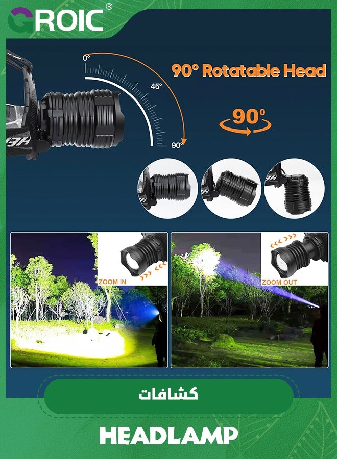 LED Headlamp Rechargeable, Upgraded 30W Super Bright Head Lamp100000 High Lumen with 6 Modes, Zoomable, IPX6 Waterproof Headlamps for Outdoor Hiking, Camping, Running, Fishing, Hunting