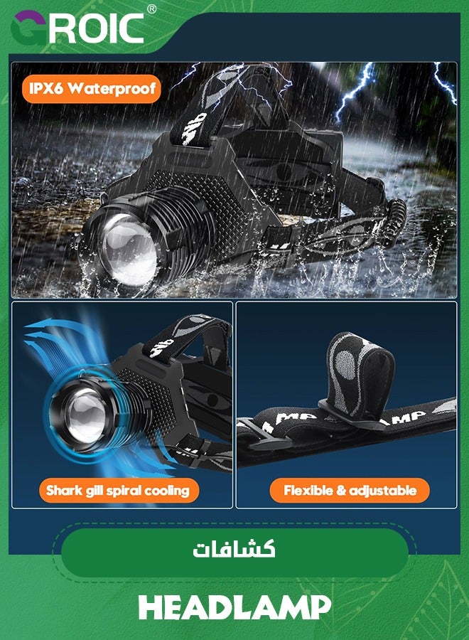 LED Headlamp Rechargeable, Upgraded 30W Super Bright Head Lamp100000 High Lumen with 6 Modes, Zoomable, IPX6 Waterproof Headlamps for Outdoor Hiking, Camping, Running, Fishing, Hunting